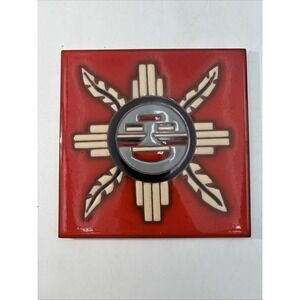 Vintage New Mexico red hand painted Zia Sun Tile trivet art 6"x6"